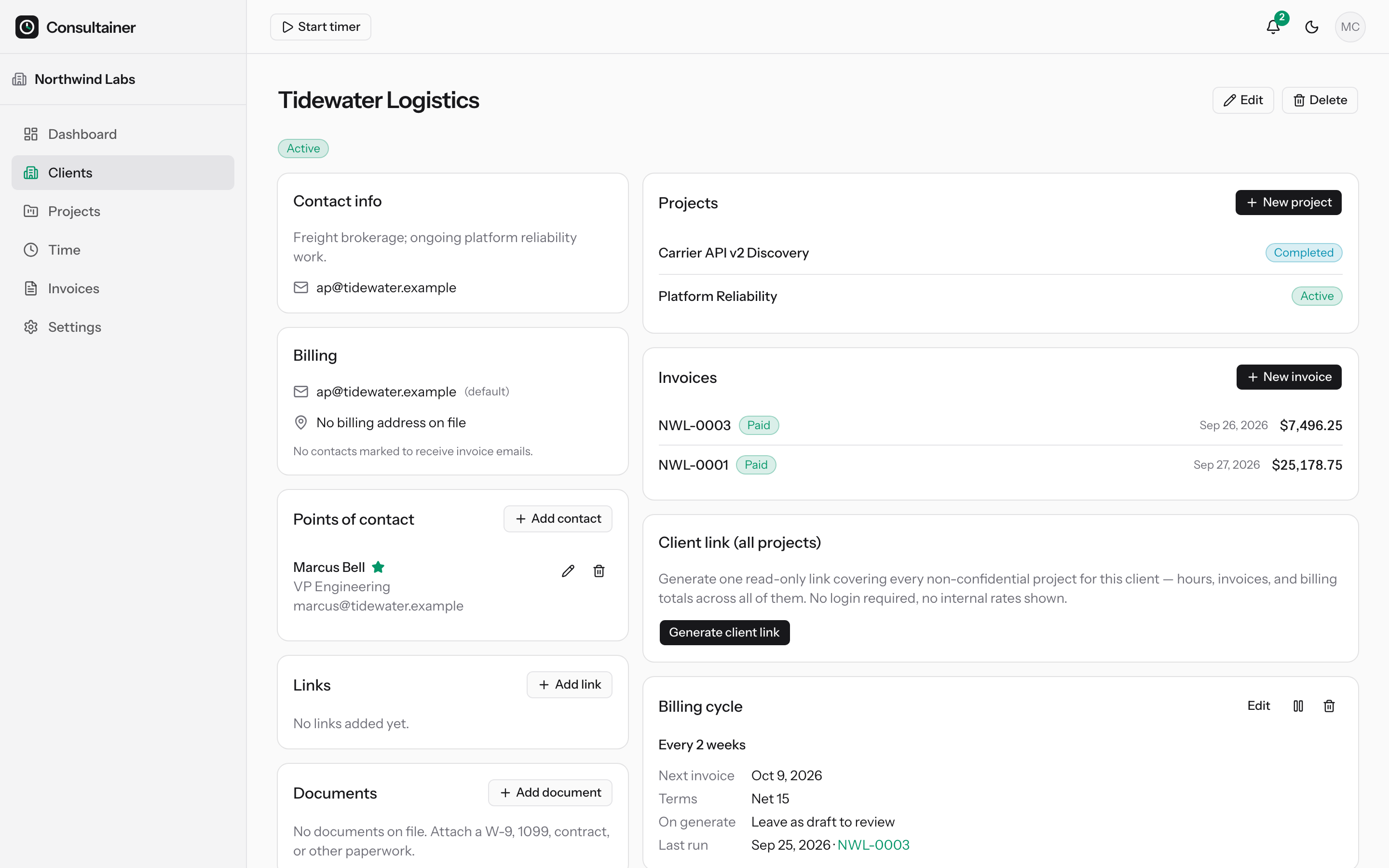 Client page with projects, invoices, and a bi-weekly billing cycle