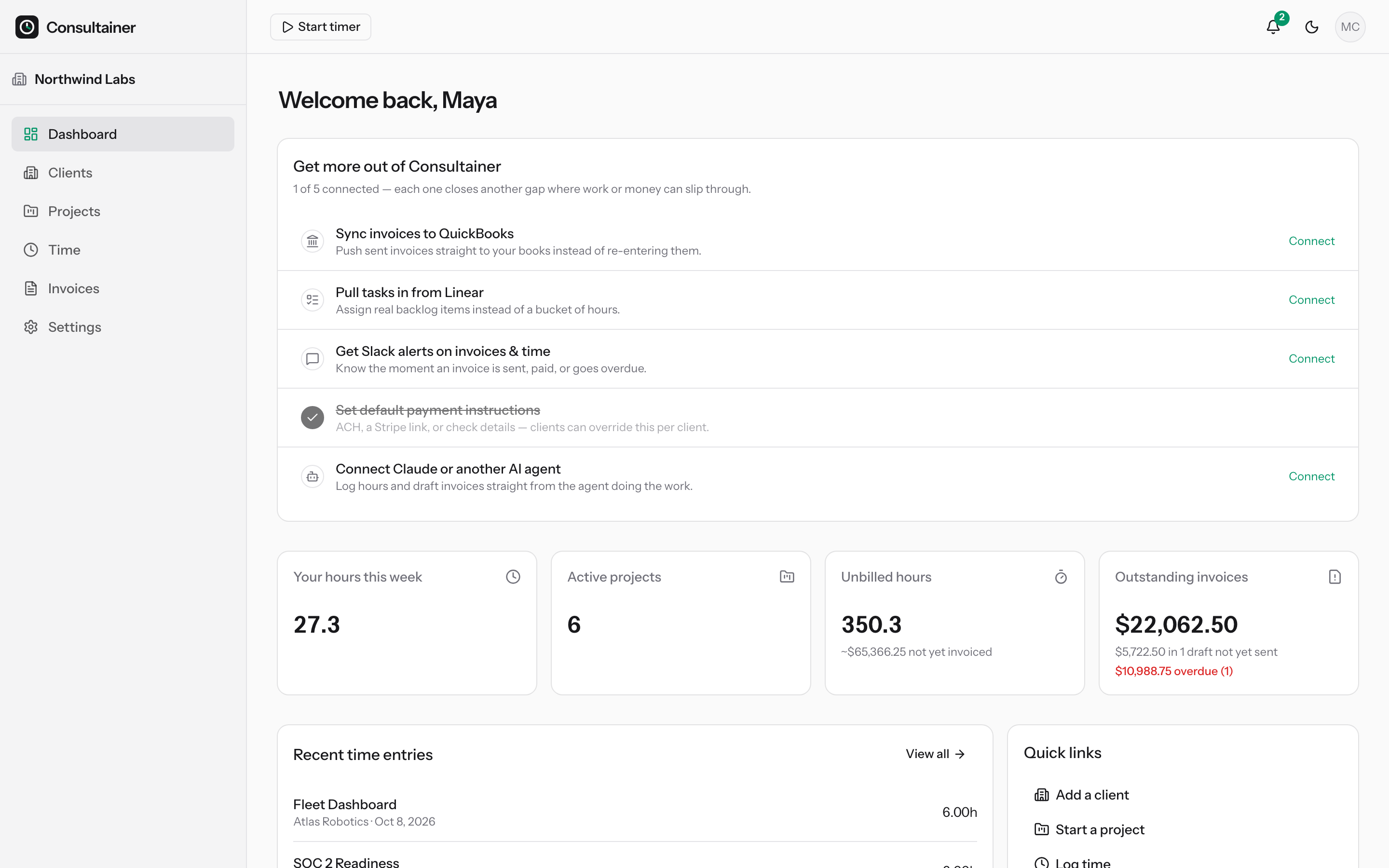 Consultainer dashboard showing hours this week, unbilled time, and outstanding invoices