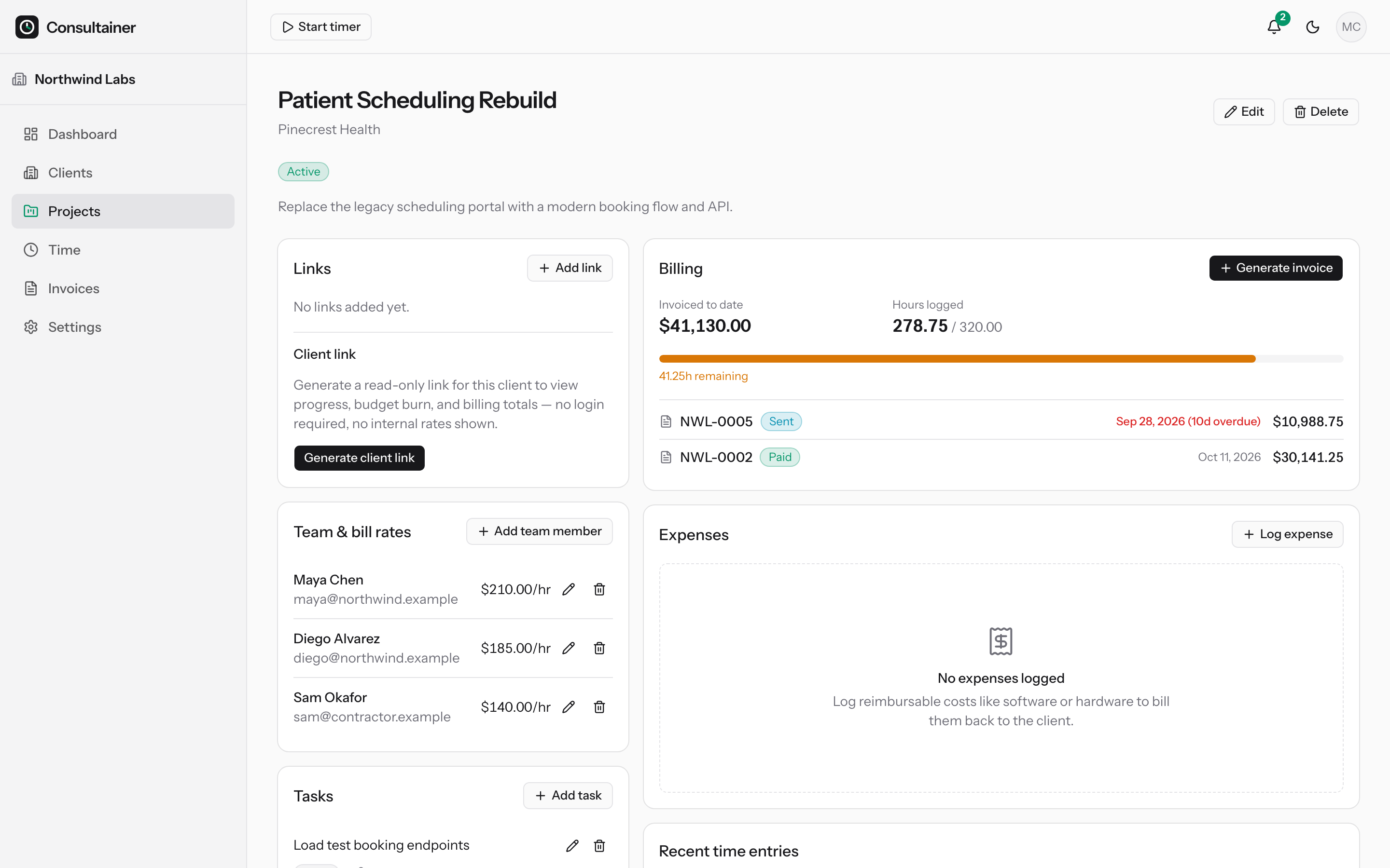 Project page with billing summary, hours budget, and team rates